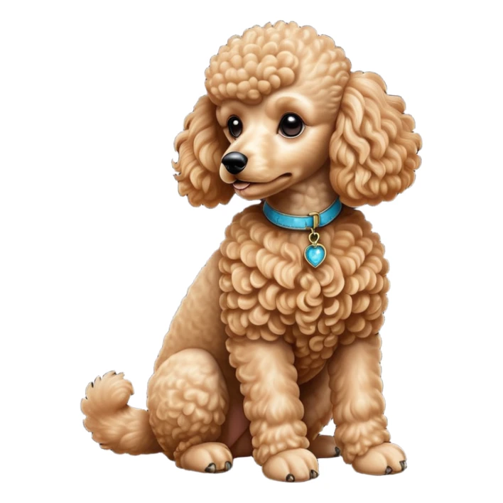 cinematic-[poodle]-realistic-full-body-sitting-emoji,-tail-resting-loosely-beside-its-paws,-head-tilted-dramatically, -curly-[apricot]-fur,-simplified-yet-realistic-focused-features,-highly-detailed,-glowing-with-an-almost-sarcastic-glow sticker