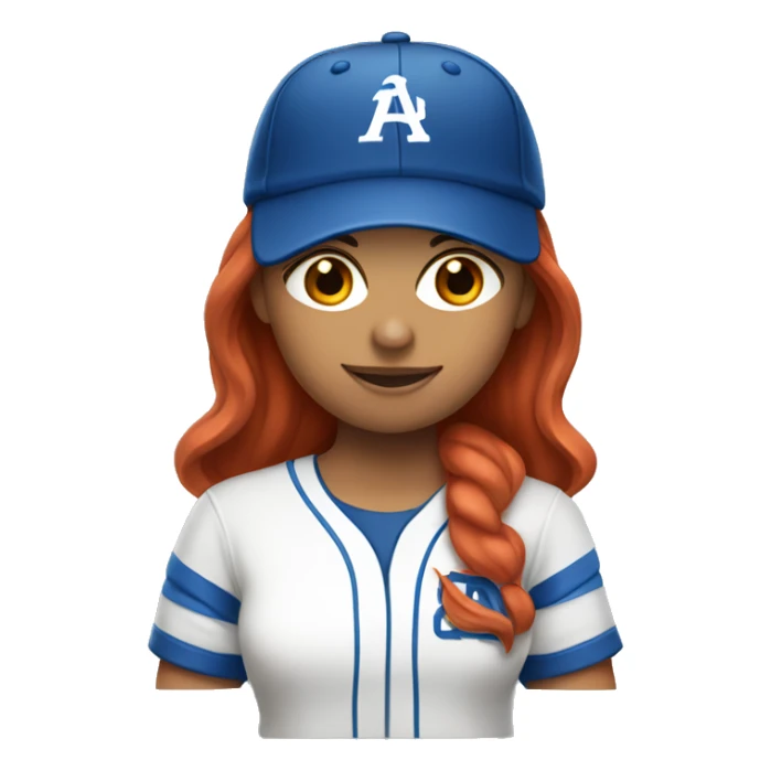 front facing, standing female coach with long red hair, wearing a white t-shirt and a simple blue baseball hat sticker