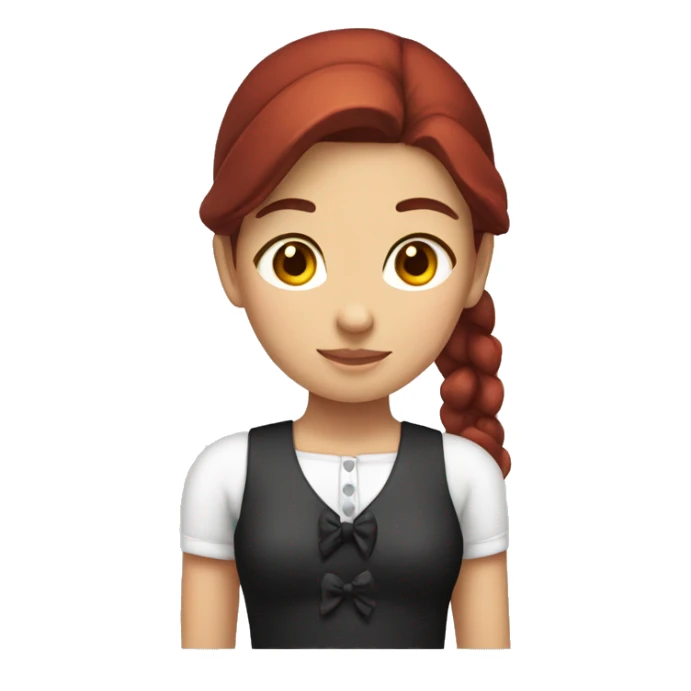 a girl with dark red hair in a ponytail with a white bow sticker