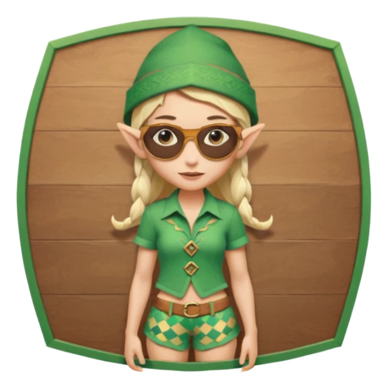 elf female legolas portrait, patterned board shorts (geometric/abstract), unique wooden-framed sunglasses, undercut hairstyle, slight smirk, visible pointy ears, no background, centered emoji, hipster summer vibe coctails with summer hat sticker
