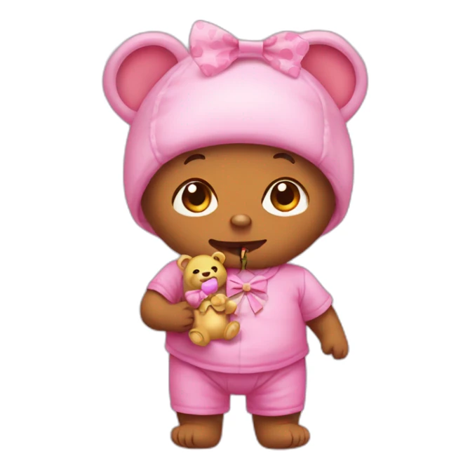 i need a FULLY PINK crocodile emoji with a baby pacifier in his mouth and a bow on his head. he also holds a teddy bear in his paws sticker