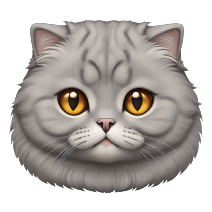 Cinematic-Fluffy-Grey-Scottish-Fold-Cat-Portrait-Emoji – Head tilted cutely with big, sparkling amber eyes, soft solid grey fur, and signature small folded ears pressed gently against its round head, simplified yet irresistibly adorable features, highly detailed, glowing with a soft and warm charm. sticker