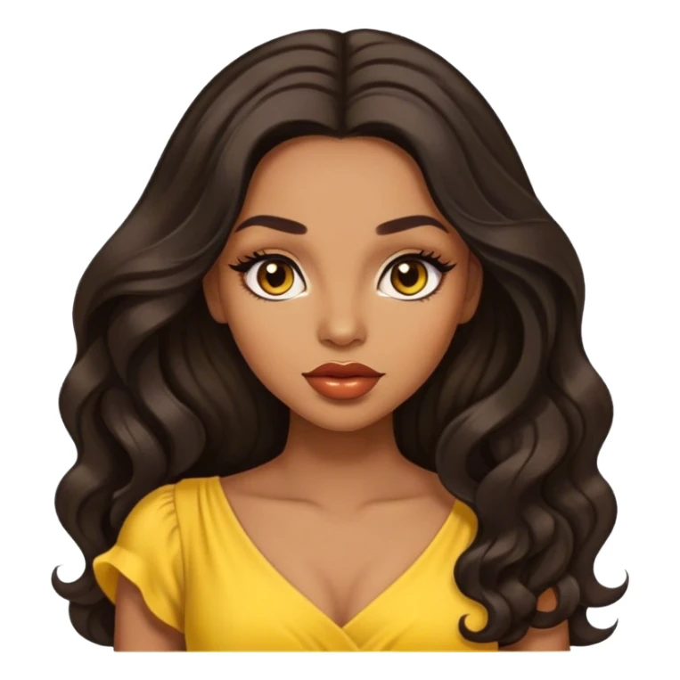 light brown skin tone, very beautiful woman, with big plump lips, long long lashes, black long wavy hair, middle hair parting, brown eyes, yellow dress sticker
