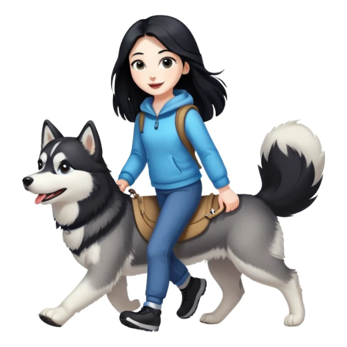 A girl with long black hair walks a husky sticker