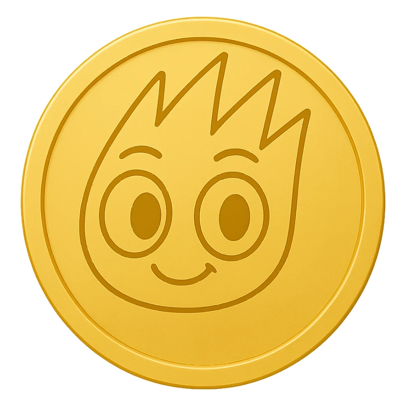 Create an emoji style gold token with a simple rim, featuring only the mascot head from the provided image. The design should have minimal details, no shadows, and be centered on a transparent background. The mascot head should be as in the reference image, but with a subtle smile, styled to look like an emoji gold token with a simple rim. sticker