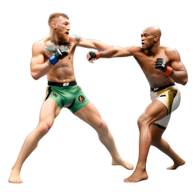 An MMA showdown between Conor McGregor and Anderson Silva in the octagon. McGregor is executing a jumping strike, while Silva skillfully deflects the attack. The background shows the UFC octagon with roaring fans and vibrant energy. Transparent background. sticker