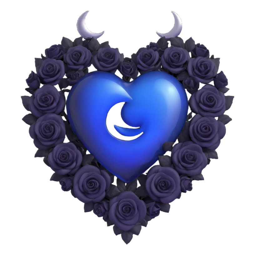 3D emoji gothic heart, midnight blue glass, silver crescent moon, tiny black roses, mysterious and rich sticker