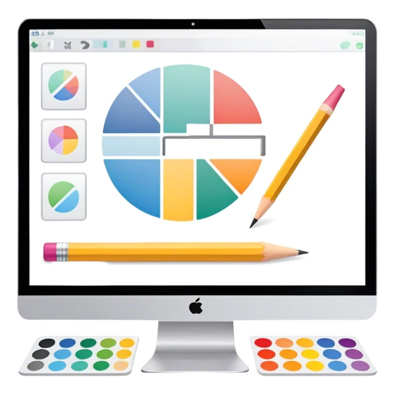 Professional emoji for Graphic Design: a computer screen displaying a design layout, vector shapes, a color palette, and design tools like a pencil and ruler. The icon should represent creativity and precision in graphic design. Transparent background. sticker