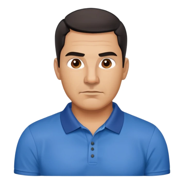 Strong built middle-aged Hispanic man with tan complexion, square masculine face with defined jawline, short black hair with clean fade cut, medium dark brown eyes, thick eyebrows, wide nose, neutral expression, wearing blue polo shirt sticker