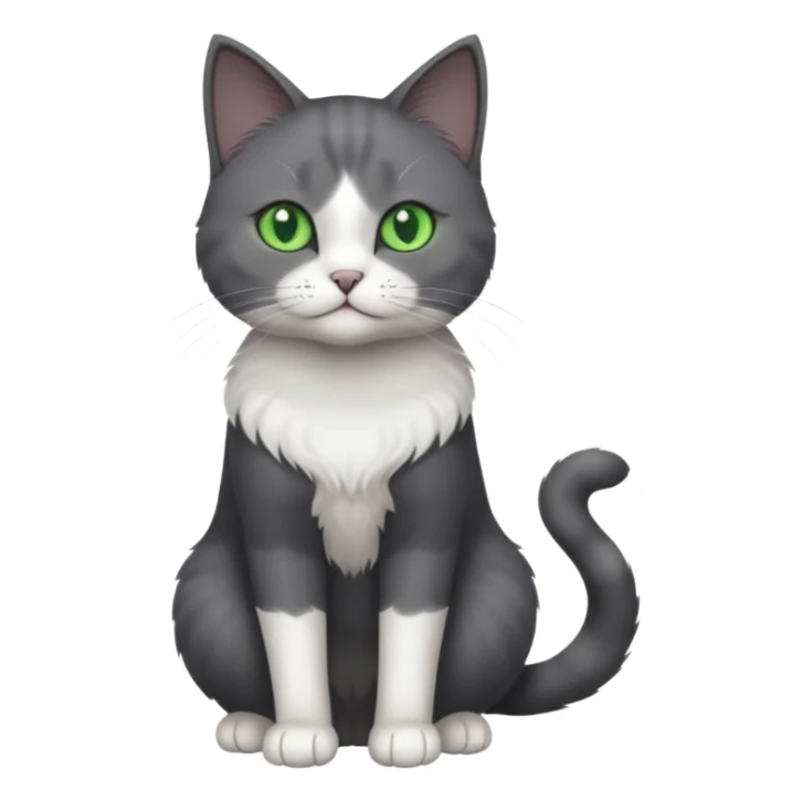 full body view of beautiful female solid dark grey cat with green eyes, white toes/paws and white patch on her chest sticker