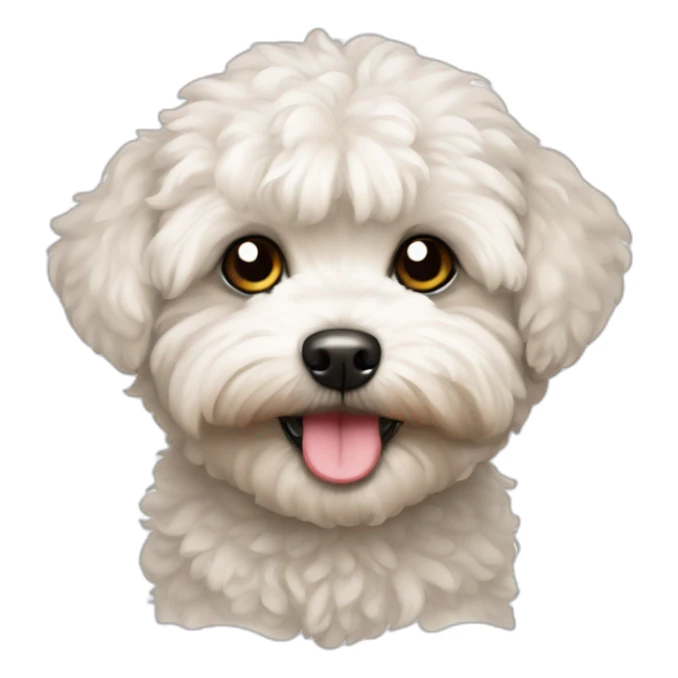face of a maltipoo with a question mark sticker