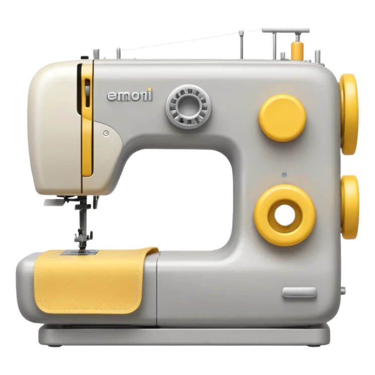 Emoji of a modern sewing machine inspired by a Brother machine. Soft, rounded shapes in the style of Apple emojis, with subtle gradients and soft shadows. White body with light gray details, a yellow spool on top sticker