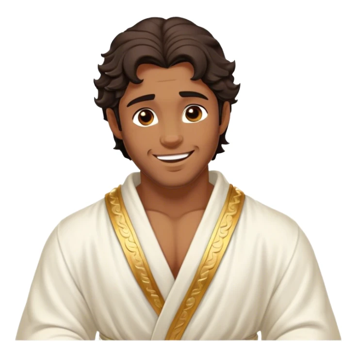 Cinematic Realistic Hercules Portrait, head tilted playfully and inquisitively, capturing the spirit of a timeless Greek hero with a warm, inviting smile. His bronze, marble-like skin and thick, wavy dark hair are rendered with classical precision, while his flowing white robe with delicate golden embellishments accentuates his muscular form. Soft natural light brings out the playful yet powerful essence of this legendary figure. sticker