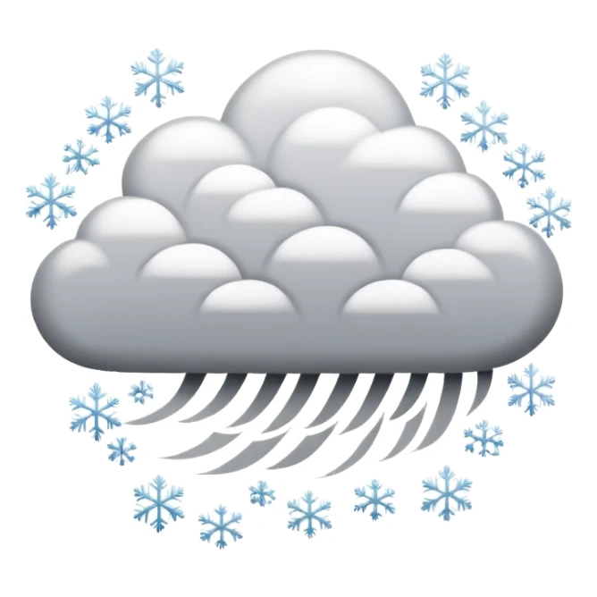 A powerful blizzard emoji icon: storm cloud with heavy swirling snow, strong wind lines, flying snowflakes, dynamic motion. White and gray tones, bold but simple shapes. sticker