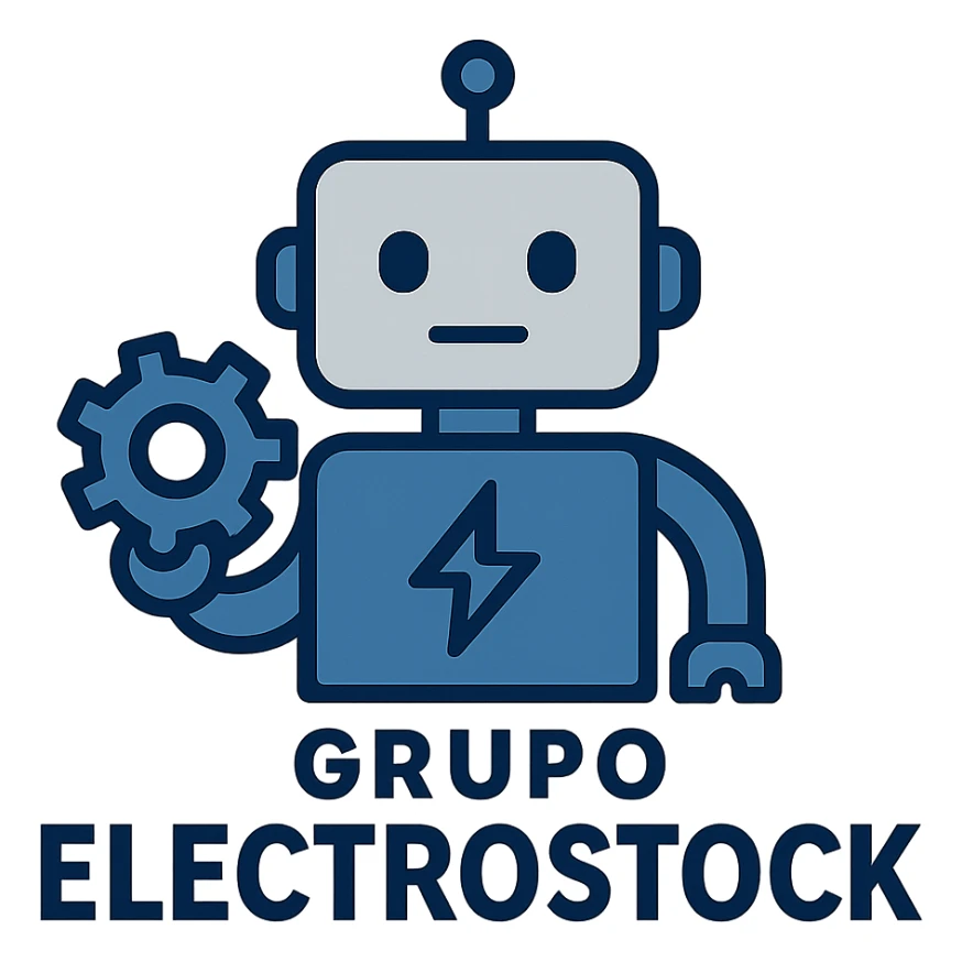 logo for Grupo Electrostock, bold geometric shapes, blue and gray, minimal, tech-inspired, strong presence sticker