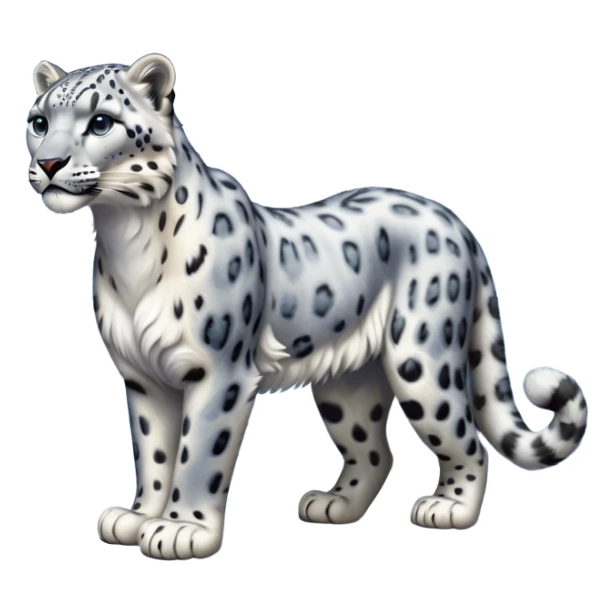 Cinematic-Snow-Leopard-Realistic-Full-Body-Standing-Emoji – Tail curled gracefully, head tilted dramatically, dense spotted fur shimmering in the cold mountain air, powerful yet elegant frame, simplified yet realistic focused features, highly detailed, glowing with an almost sarcastic glow. sticker