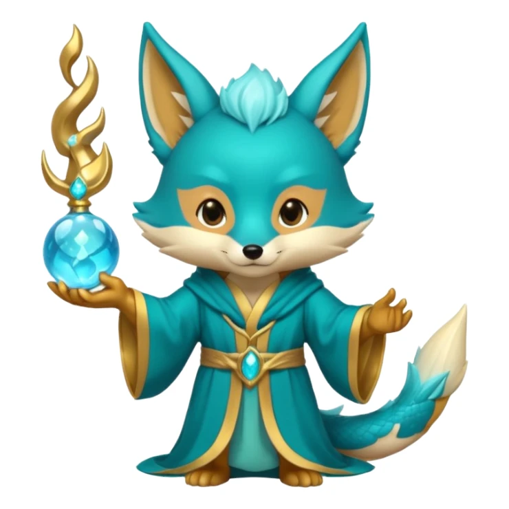 Chibi teal fox with gold mark on forehead, teal-gold robe, holding glowing blue water orbs, with a dragon tail on its backside with small antler horns on its head sticker
