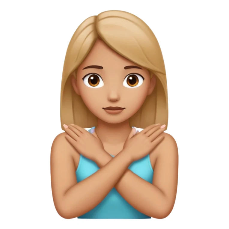 A girl with her hands crossed holding her neck sticker