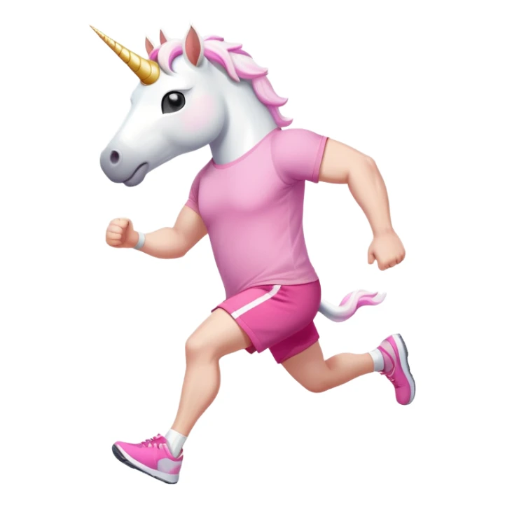 friendly anthropomorphised male white unicorn with a stocky, strong build, white arms and legs, wearing grey shorts and pink t-shirt, dark sunglasses, jogging upright in a standard pose sticker