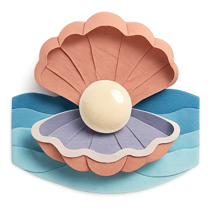 clam with a large pearl, ocean background, layered paper effect, paper-craft style sticker