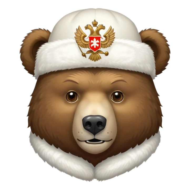 Russian brown bear head only, wearing white furry ushanka hat with realistic double-headed eagle coat of arms in the center, iOS emoji style sticker
