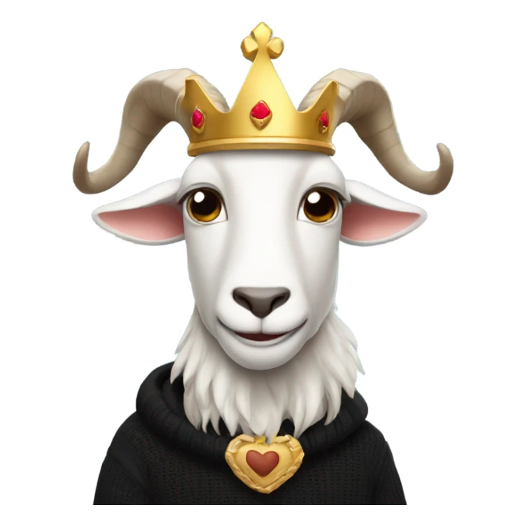 Goat with horns wearing a black sweater and big royal crown sticker