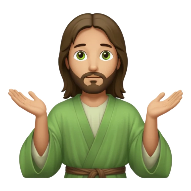 Jesus, green eyes, light green robe. opening arms, gazing thoughtfully. Soft light, subtle fern. Waist-up, profile. sticker