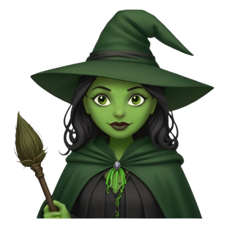 elphaba wicked witch with broom close up, evil dark coily long dark hair, green skin, thick green lips, cheekbones, smirk evil menacing cythia erivo dark aesthetic black hat cloak black broom sticker