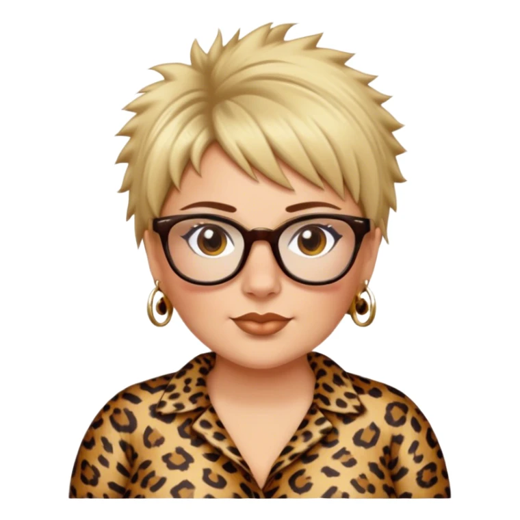  plus size white women dressed in leopard with short medium brown and blonde shaggy spiked hair wearing glasses with hazel color eyes and wide flat nose sticker