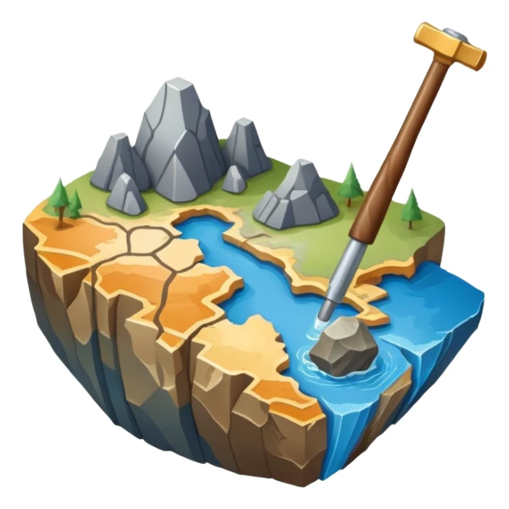 An icon featuring a rock hammer, a geological map, and layers of Earth’s crust, symbolizing geology. The design includes mineral samples, fossils, and tectonic plates, representing the study of Earth’s structure and natural processes. Transparent background highlights geological exploration sticker