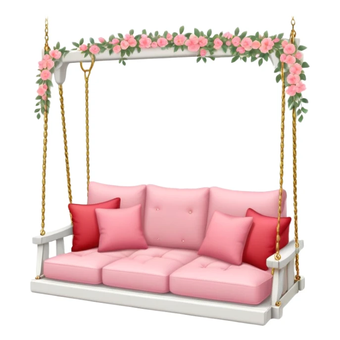 Romantic white wooden pastel-red-pink cushions couch-swing with tiny gold flowers around sticker
