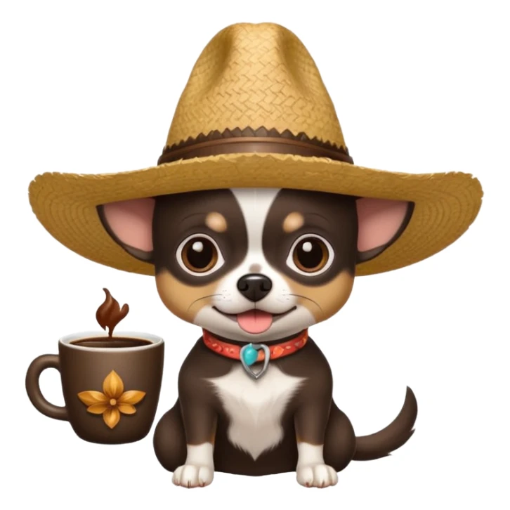 Chihuahua negro con cafe con sombrero de paja sticker