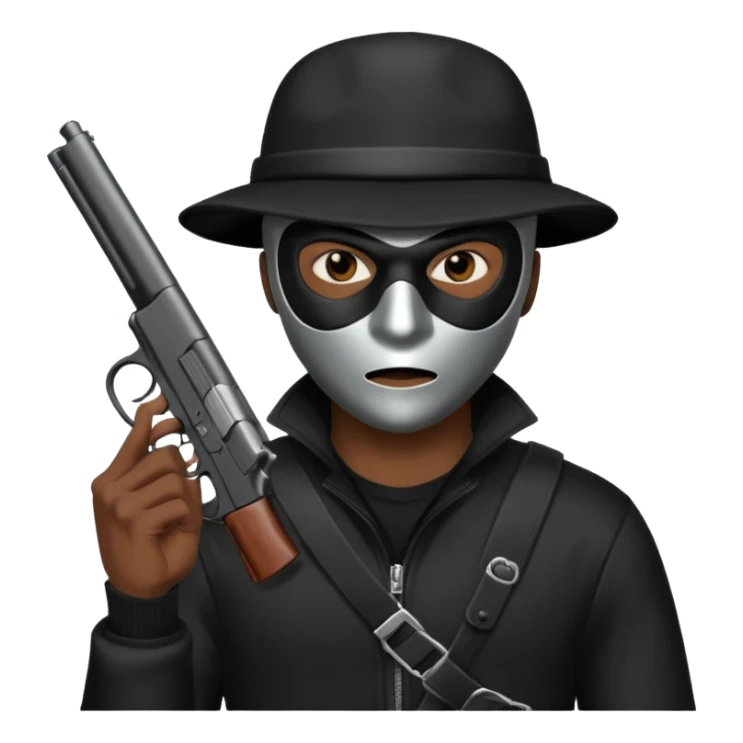 A black male in a robber mask with a gun sticker
