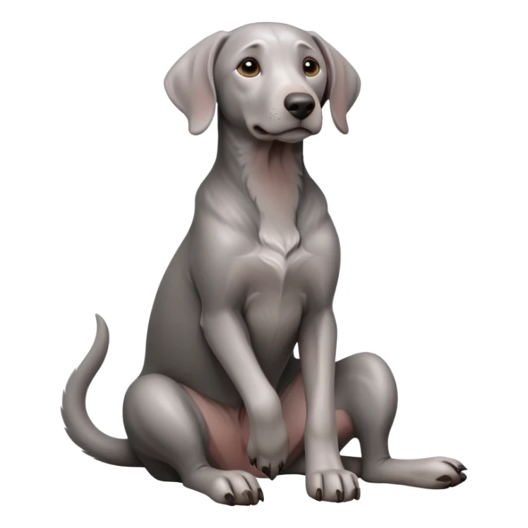 cinematic-[weimeraner-realistic-full-body-sitting-emoji,-tail-resting-loosely-beside-its-paws,-head-tilted-dramatically, -sleek-[grey]-fur,-simplified-yet-realistic-focused-features,-highly-detailed,-glowing-with-an-almost-sarcastic-glow sticker