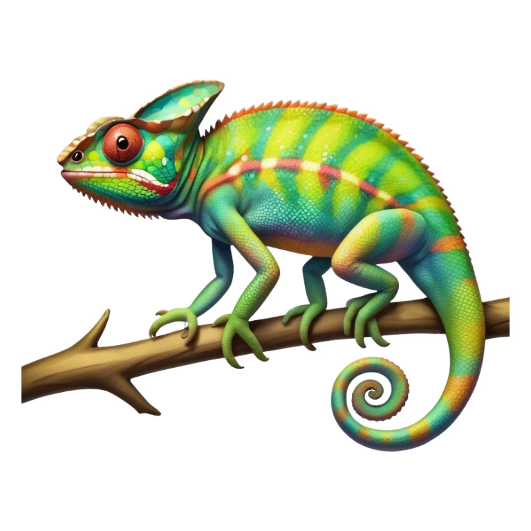 Giant Chameleon blending into natural surroundings, perched on a branch. Its vibrant colors shift with the environment. Lush greenery, branches, and soft sunlight create a peaceful, nature-filled background. Transparent background, showcasing the chameleon's colorful, textured skin. sticker