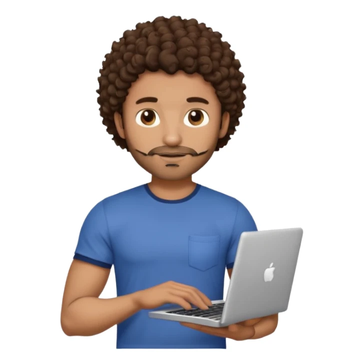 men holding his computer in hands. light brown skin men with curly dark brown hair, brown eyes, little grown beard. ust a tiny bit muscular. dressed casual. round face. sticker