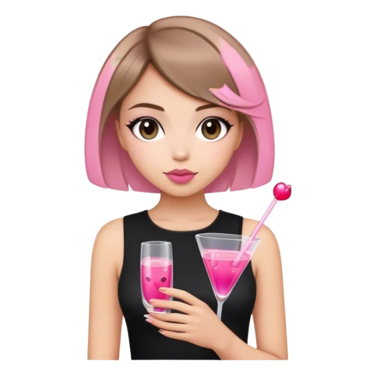 light brunette short hair girl black top holding a pink cosmo sticker