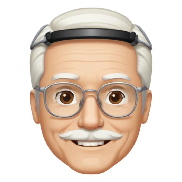 old guy, swept back white hair with no part, blocky face, rectangle frame glasses, goatee, no moustache sticker