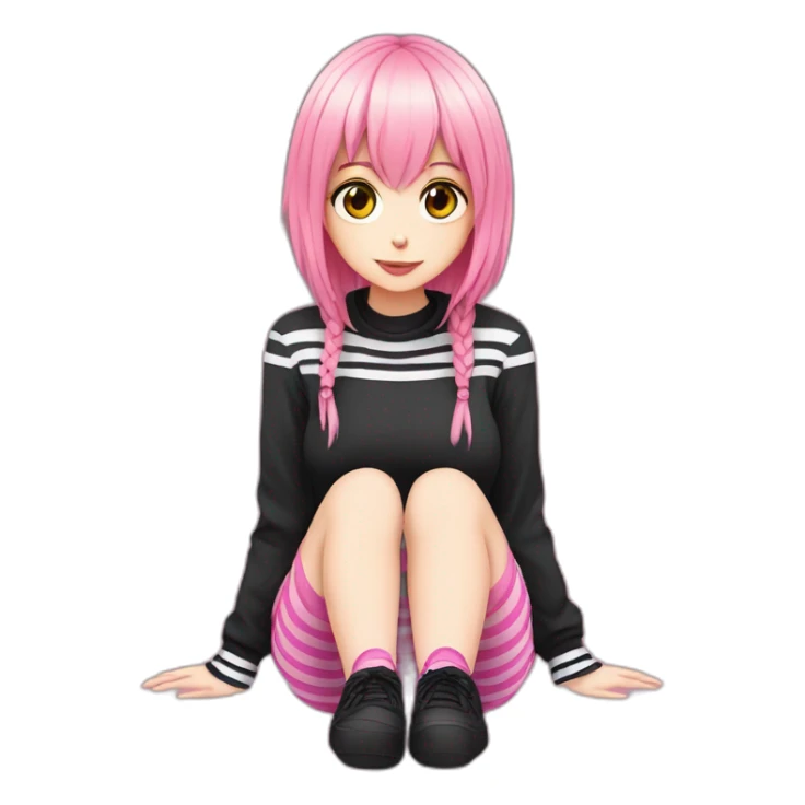 full body Front view emo girl sits on the floor black skirt pink knickers long striped socks sticker
