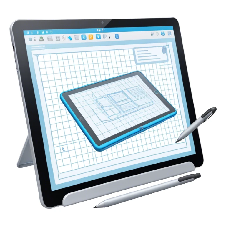 Create an emoji for 3D visualization and modeling. Show a large graphic tablet with a stylus drawing in a 3D modeling program, displaying a wireframe model that pops out from the screen. Use modern, professional colors. Do not include any emojis or smiley faces. Make the background transparent. sticker