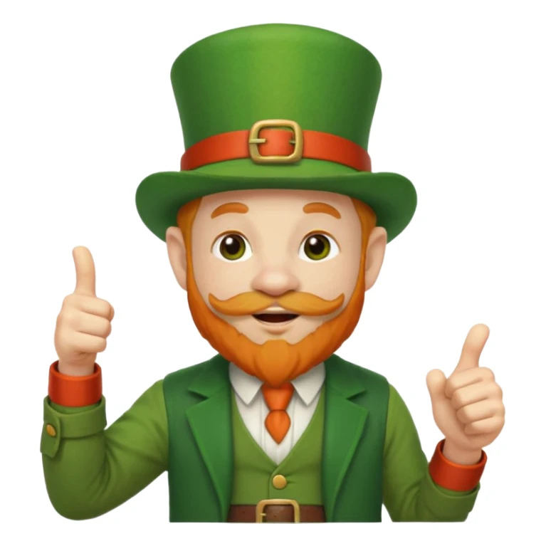 leprechaun looking up, and giving a thumbs up. on his left hand, he is holding his waist. change the hat band with orange band and a red belt. change the facial hair to white. on his mouth, he is smoking a red pipe. the pipe is on his lip. sticker