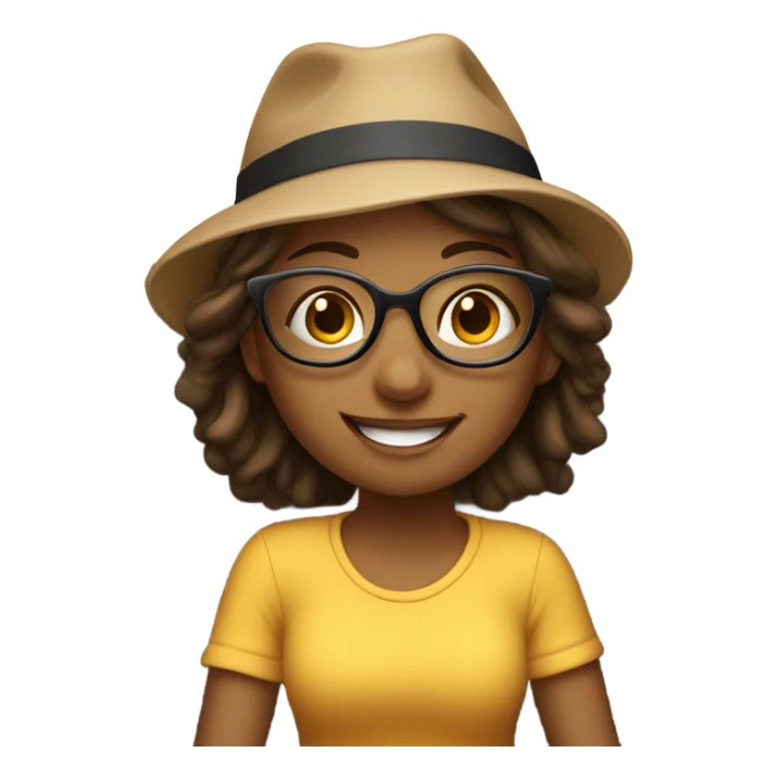 smiling girl on couch indoors with glasses and hat sticker