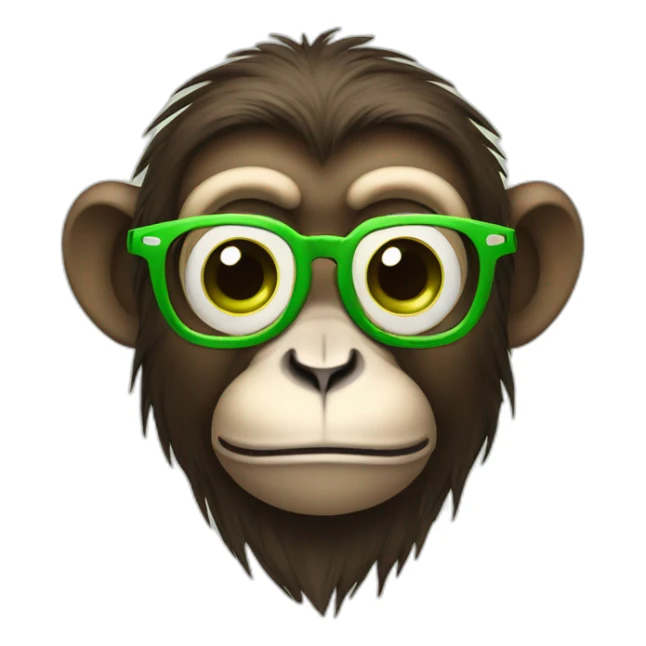 Monkey with glasses and green eyes having an apple sticker