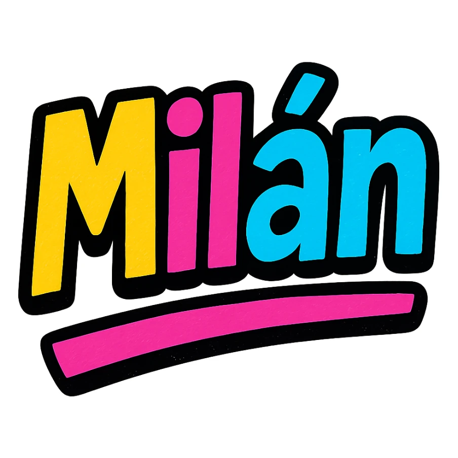 Milán name in modern colorful gradient font with dark outline, dynamic slanted or partial underline, in the style of reference patterns sticker