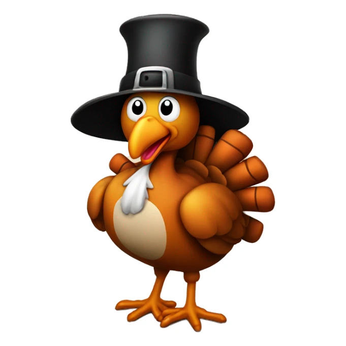 Cartoon Happy turkey wearing a pilgrim hat with some pumpkins around him sticker