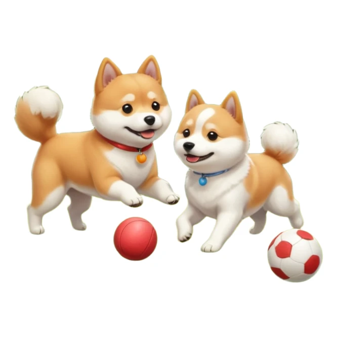 2 dogs, a ginger shiba inu and a small white dog breed coton de tulear, playing with a ball in a sunny garden sticker