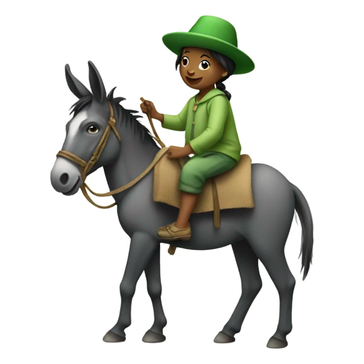 Little person riding a donkey with a green hat sticker