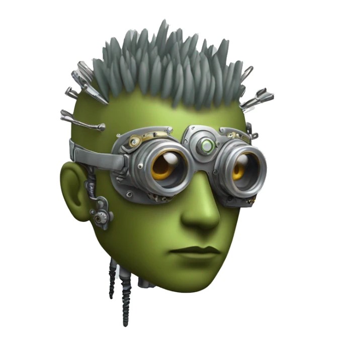 Olive green mohawk cyborg head with silver steampunk goggles, goatee and circuits sticker