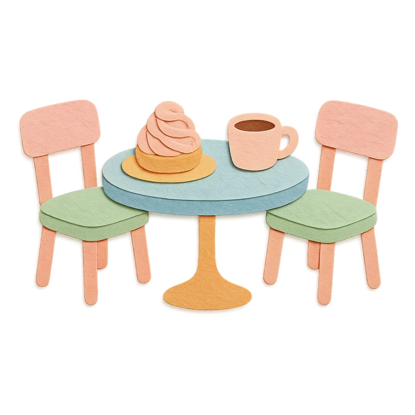 kawaii coffee shop table and chairs set with dessert and coffee, soft pastel hand-drawn illustration sticker