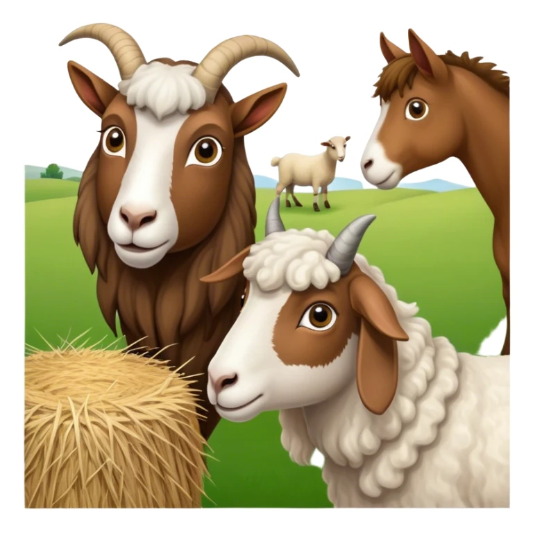Icon for Domestic Hooved Animals: A gentle collage featuring a brown goat with large, curious eyes, a calm sheep with soft wool, and a majestic horse with a flowing mane. Background with a green pasture and a few hay bales. Transparent background. sticker